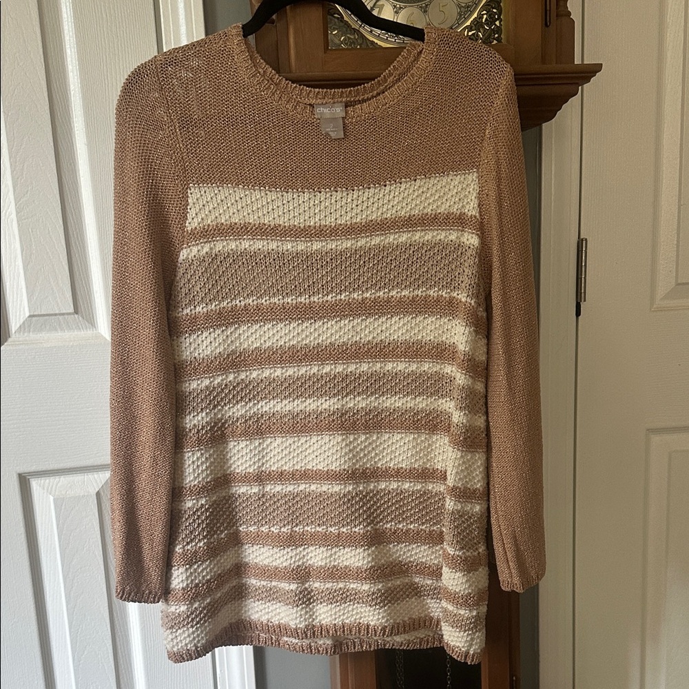 Chico's Striped Knit Sweater in Brown and Cream